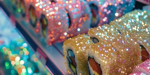 A close up of some sushi covered in colorful sprinkles