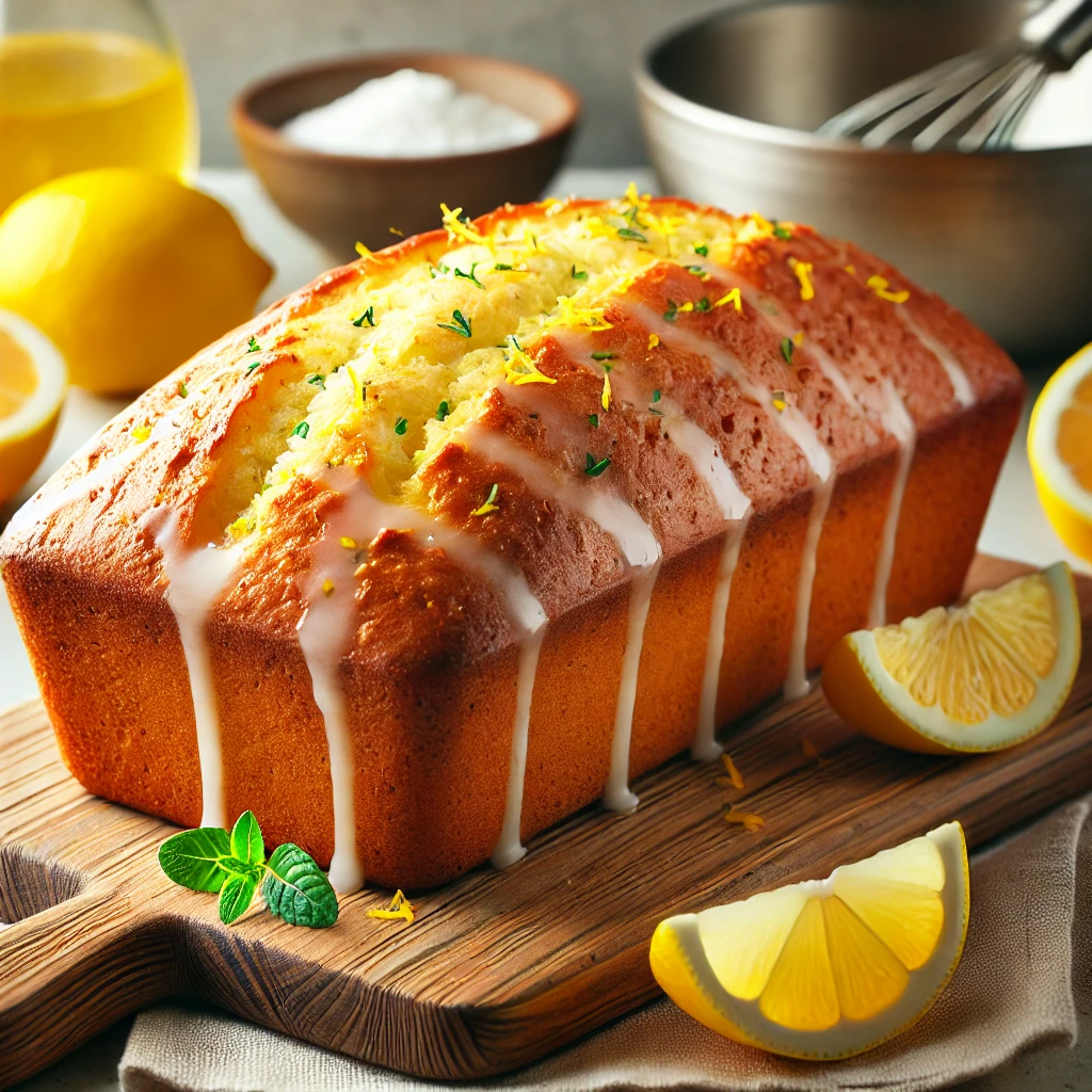 A loaf of lemon bread with icing on top.