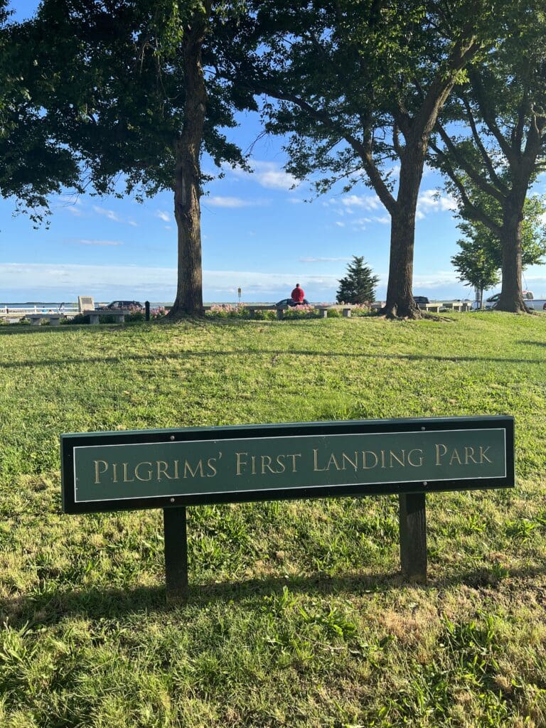 A sign in the grass that says pilgrims first landing park.